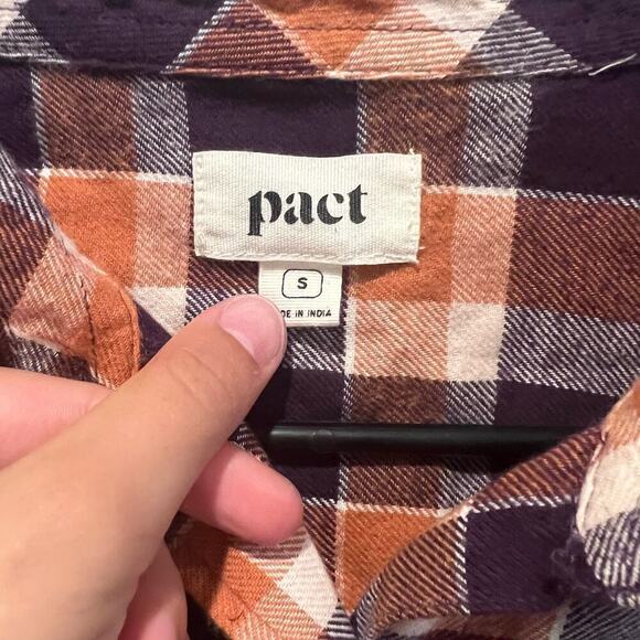 PACT Women's Mila Purple Orange Plaid Button Down Flannel Top Size Small - Picture 3 of 6